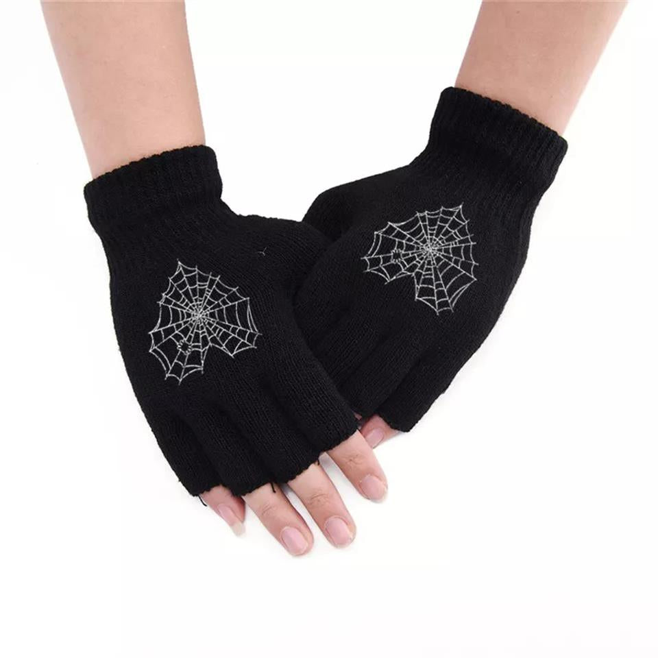 Heart Web Baskılı Unisex Siyah Kesik Çift Eldiven