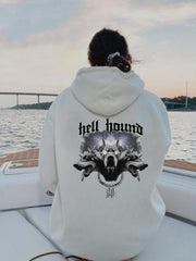 Hell Hound Baskılı Beyaz Kapşonlu Sweatshirt