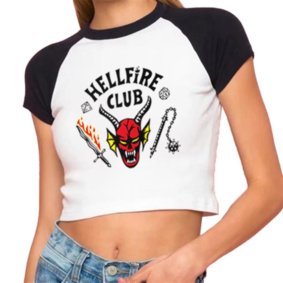 Hellfire Club Baskılı Reglan Kol Beyaz Crop