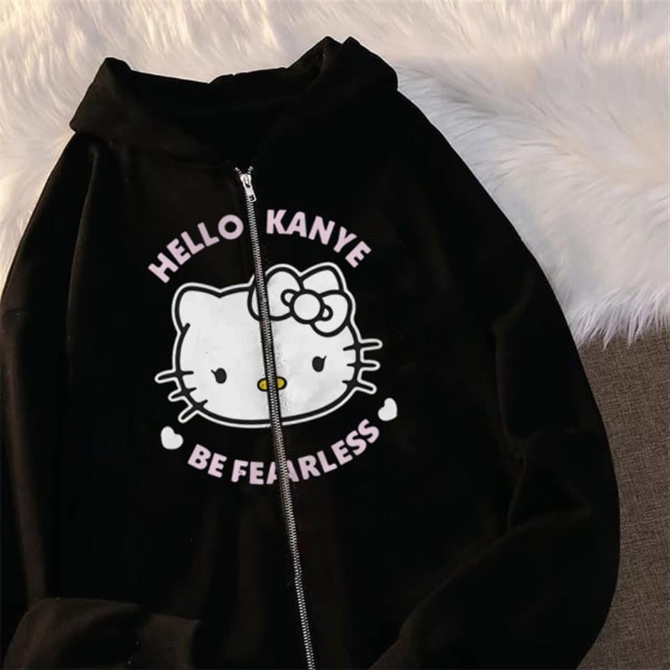 Hello Kanye Be Fearless Baskılı Oversize Fermuarlı Siyah Unisex Kapüşonlu Hırka