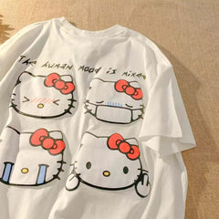 Hello Kitty Baskılı Beyaz Unisex Oversize T-shirt