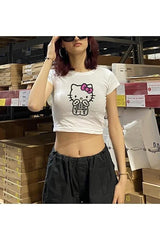 Hello Kitty Bony Baskılı Beyaz Crop