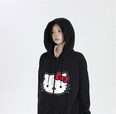 Hello Kitty Head Baskı Oversize Fermuarlı Siyah Unisex Kapüşonlu Hırka