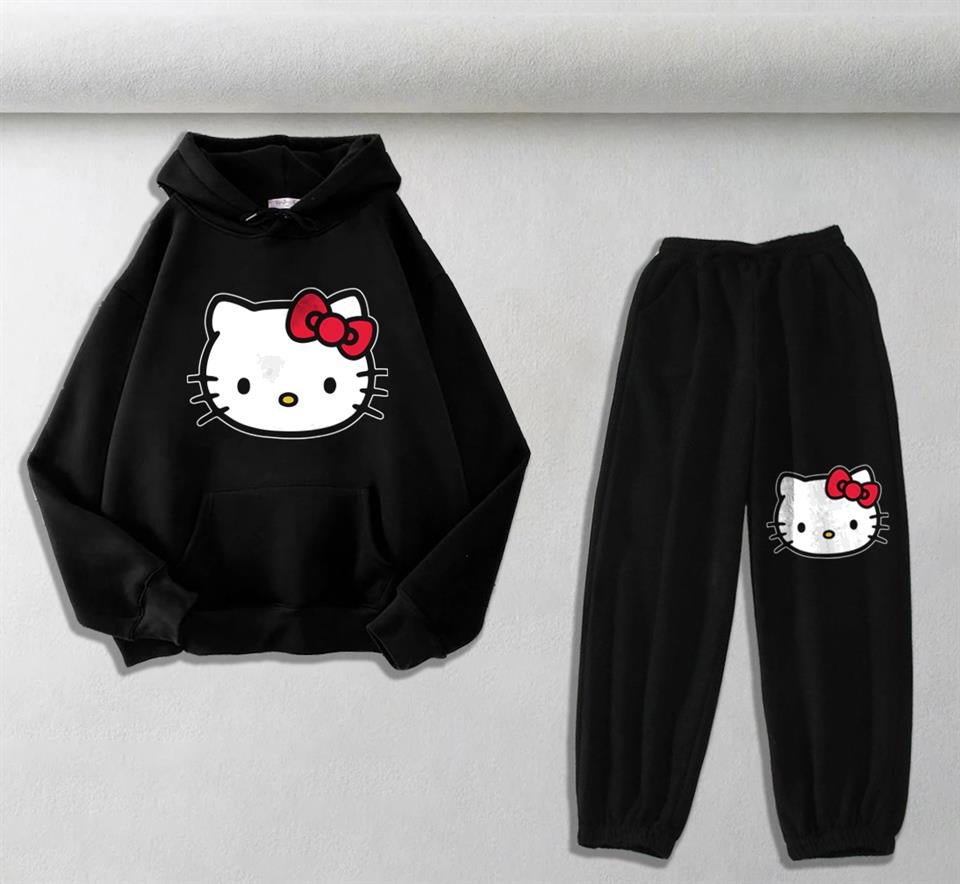 Hello Kitty Head Baskılı Siyah Oversize Kapüşonlu Sweatshirt & Eşofman Altı Unisex İkili Takım