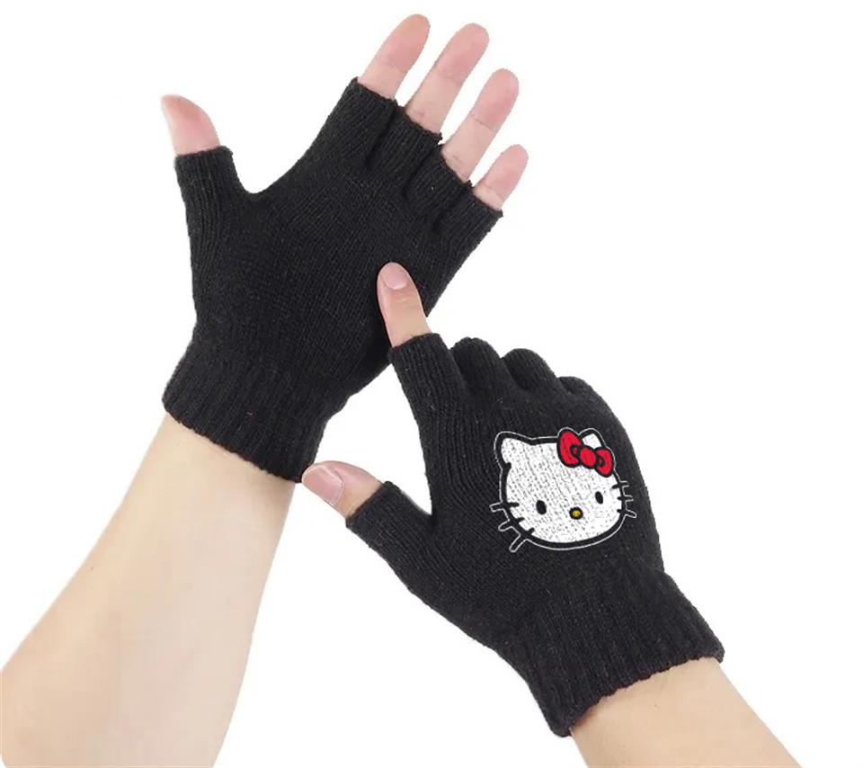 Hello Kitty Head Baskılı Unisex Siyah Kesik Çift Eldiven