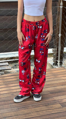 Hello Kitty & Spider-Man Detaylı Kırmızı Unisex Bol Eşofman Altı