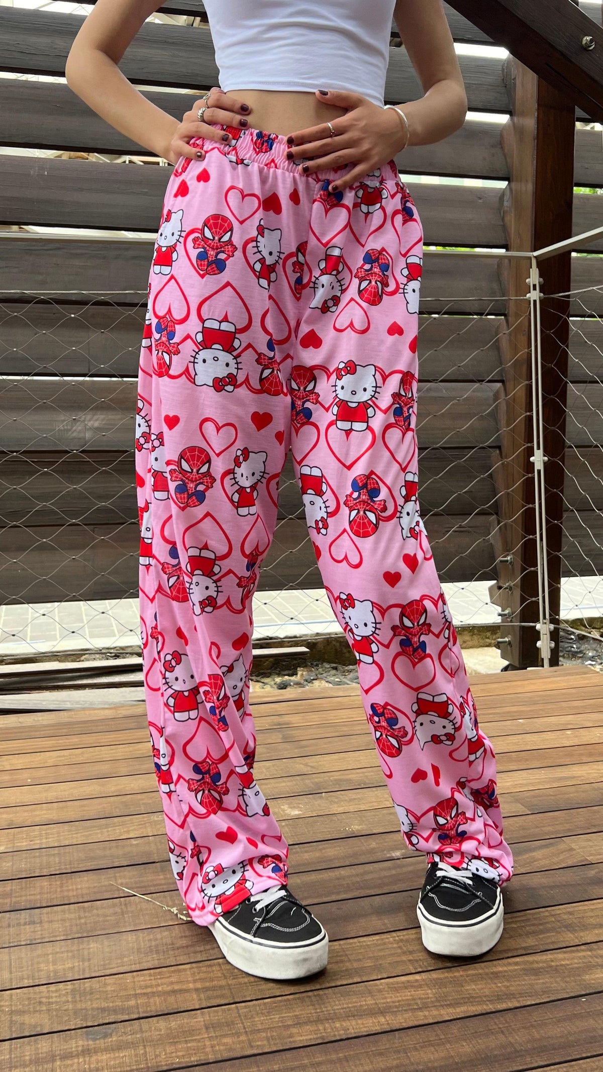 Hello Kitty & Spider-Man Detaylı Pembe Unisex Bol Eşofman Altı