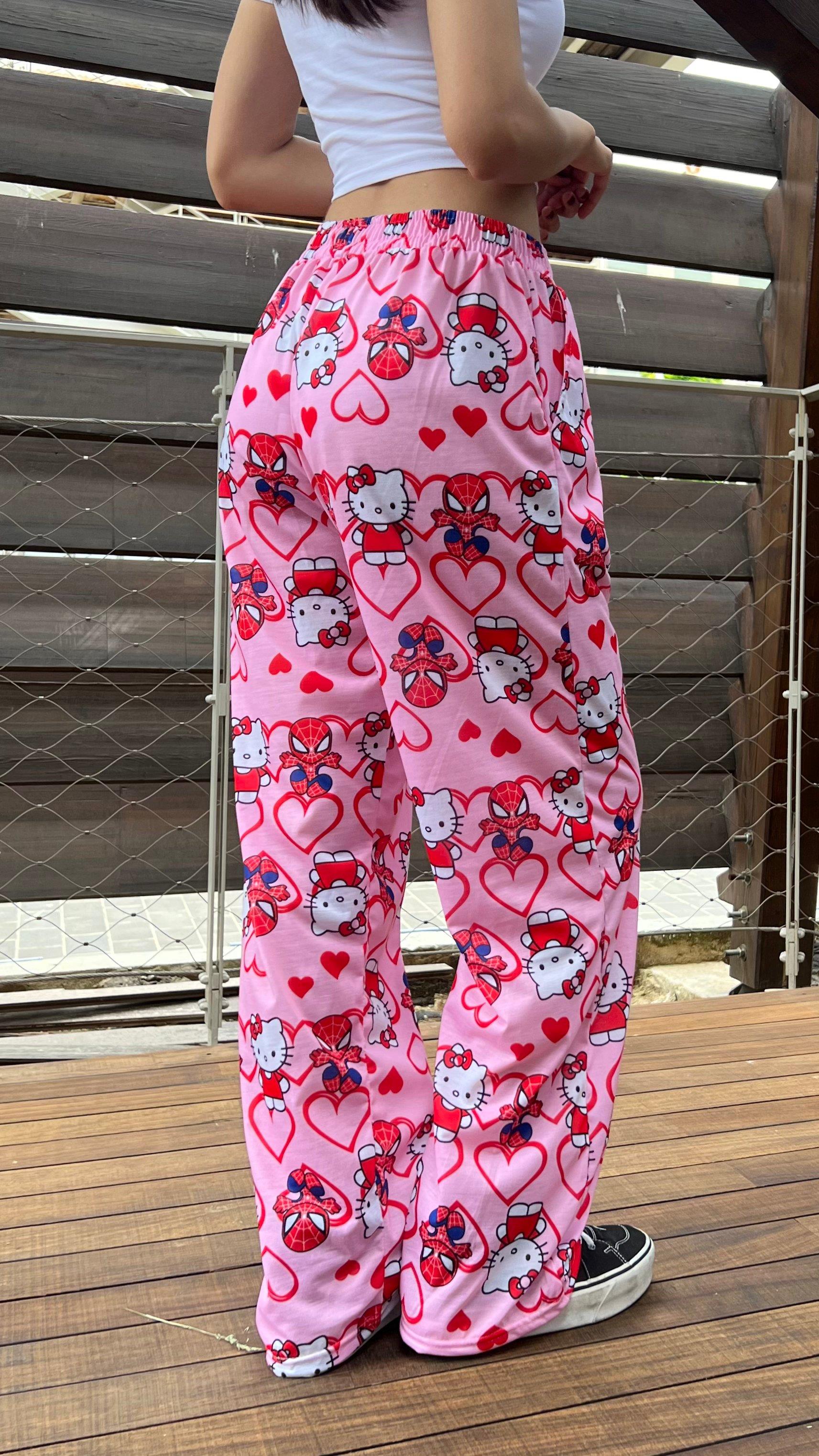 Hello Kitty & Spider-Man Detaylı Pembe Unisex Bol Eşofman Altı