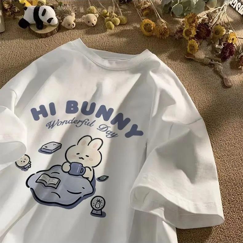 Hi Bunny Baskılı Beyaz Unisex Oversize T-shirt