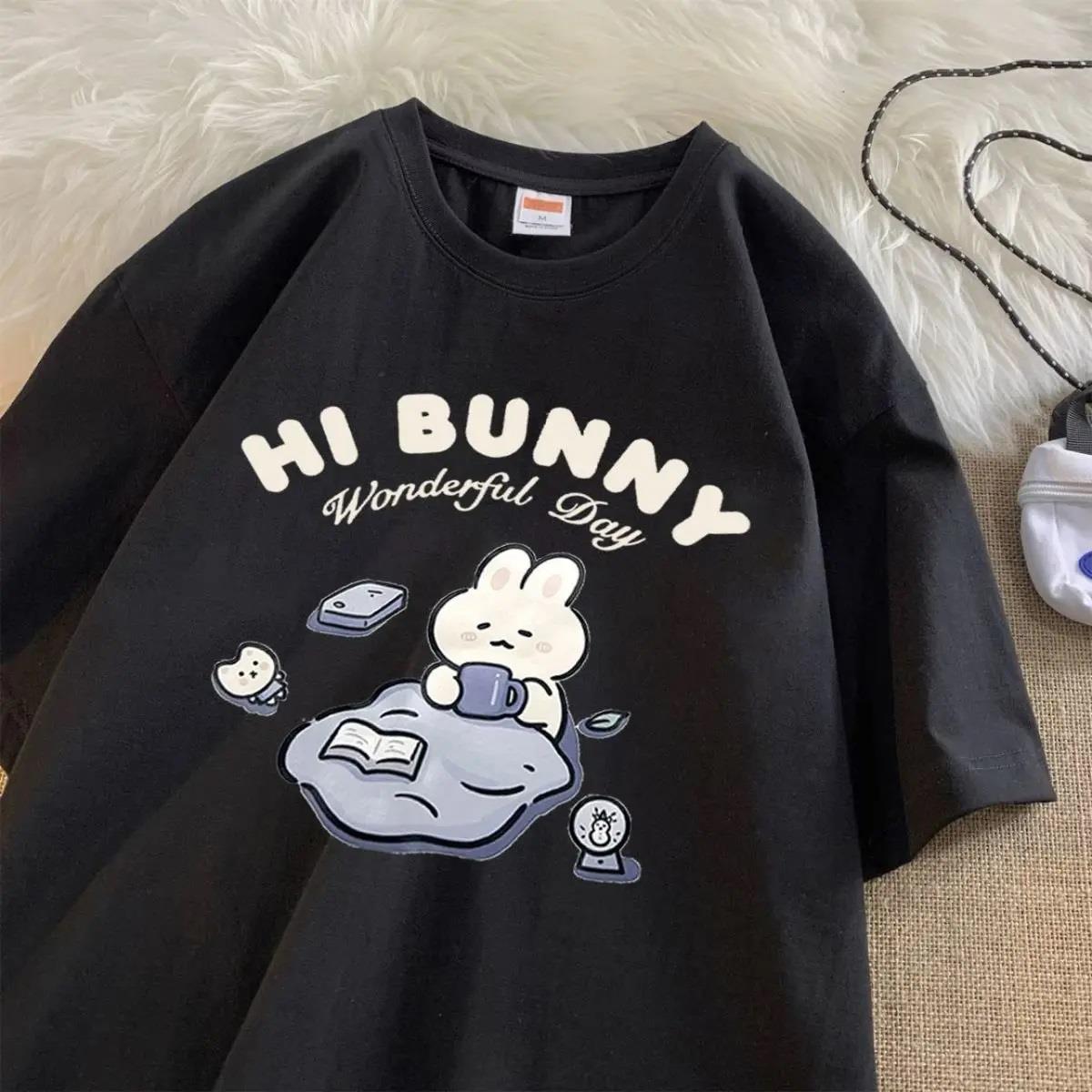 Hi Bunny Baskılı Siyah Unisex Oversize T-shirt