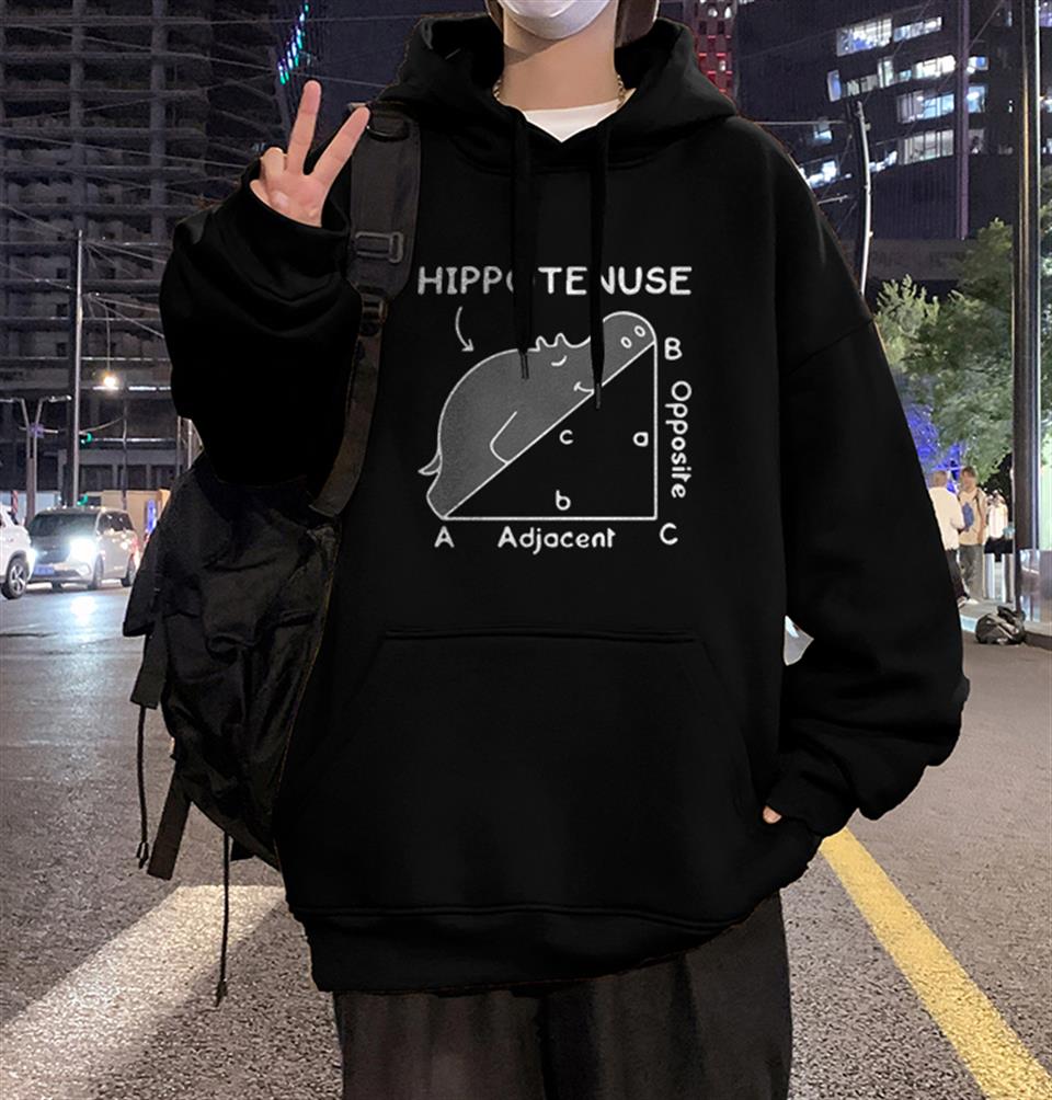 Hippotenuse Baskılı Siyah Unisex Oversize Kapüşonlu Sweatshirt