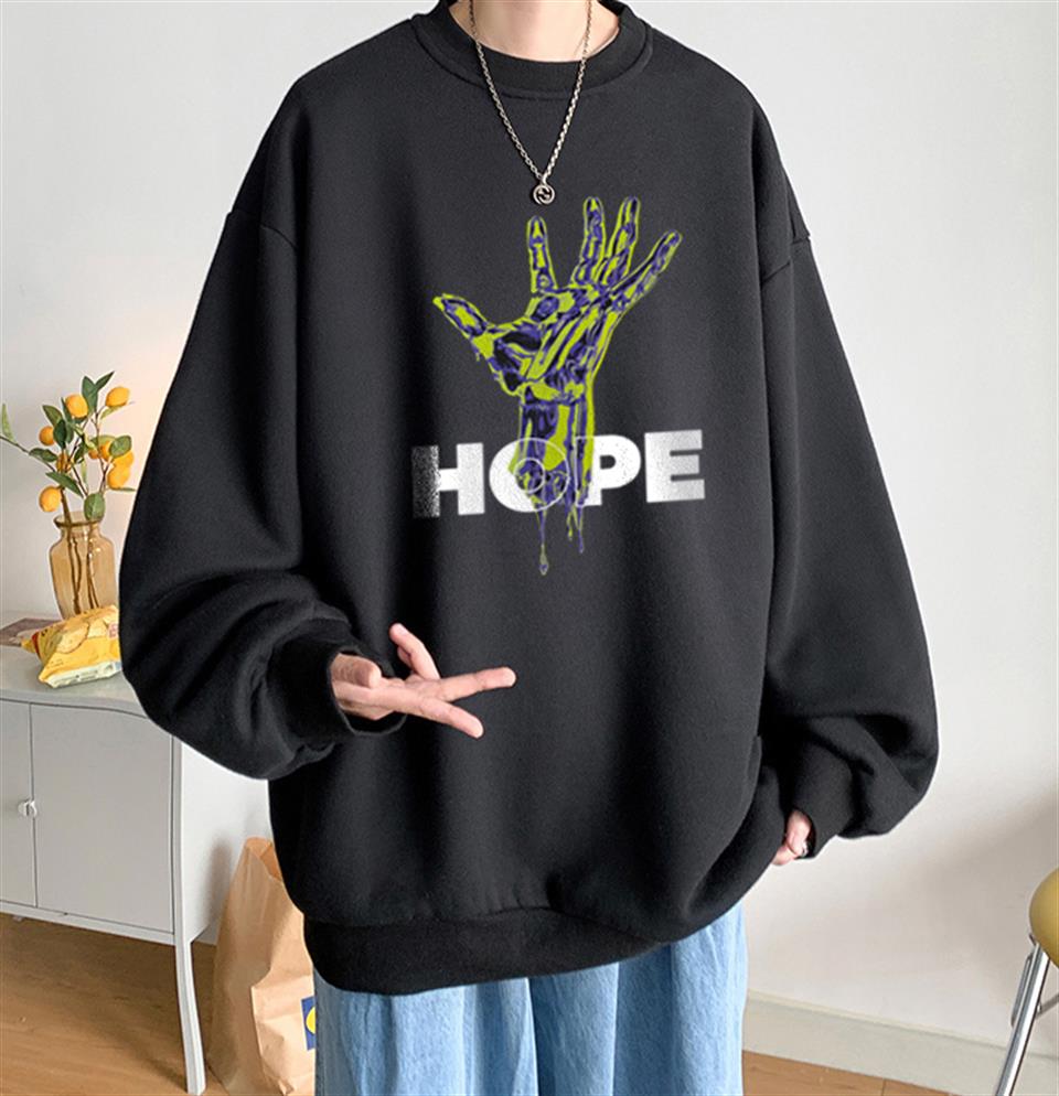 Hope Hand Baskılı Siyah Unisex Oversize Bisiklet Yaka Sweatshirt