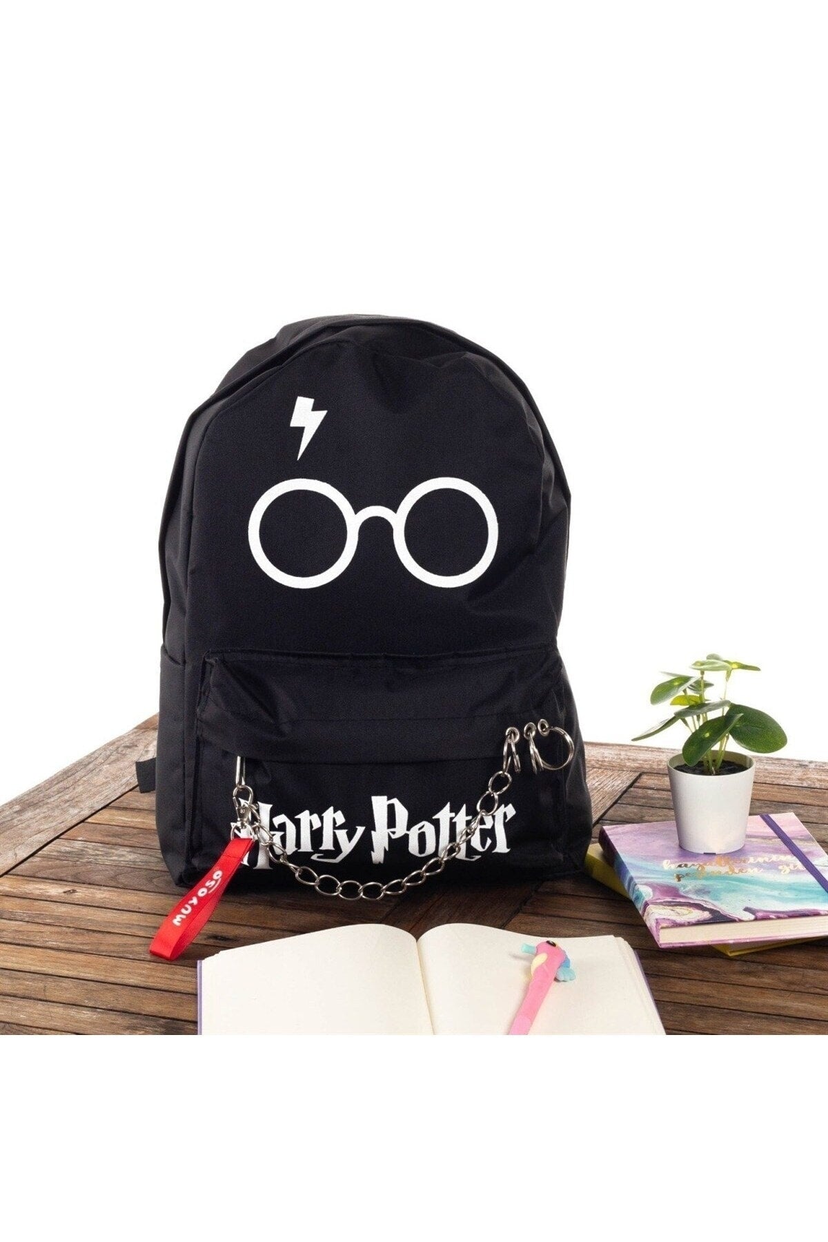 HP Piercingli Zincirli Siyah Sırt Çantası