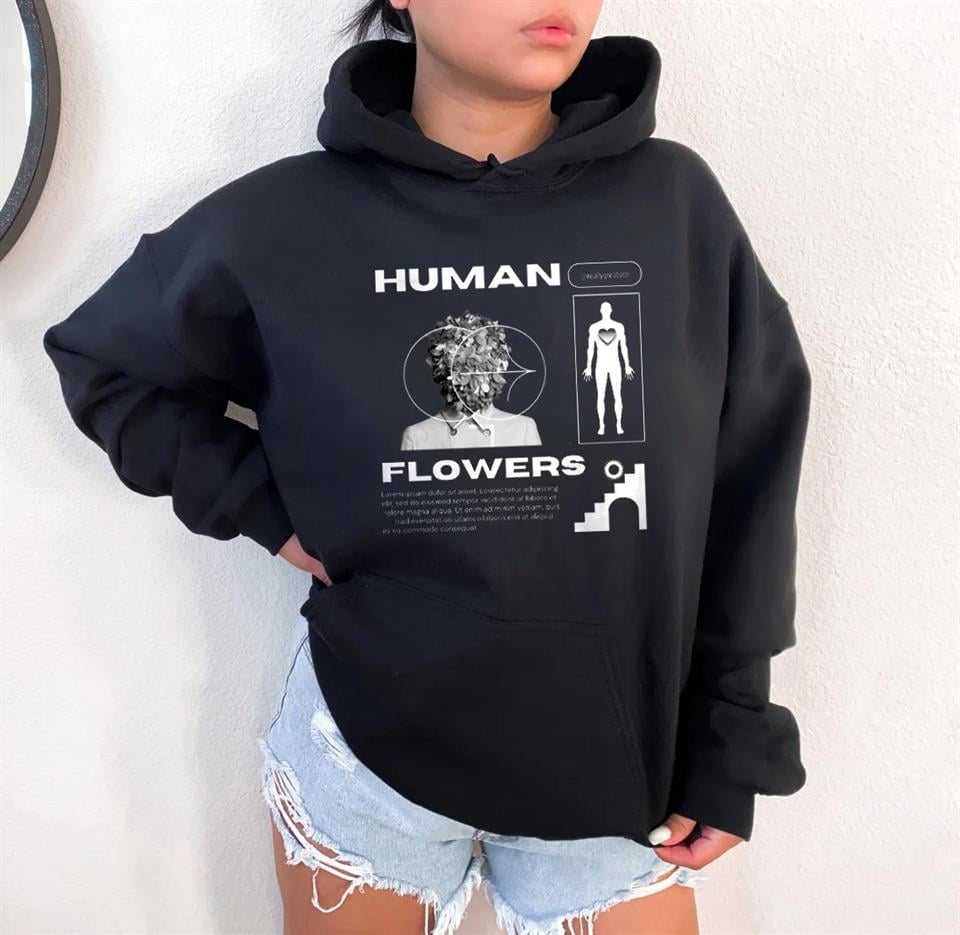 indirim Human Flowers Siyah Unisex Kapüşonlu Oversize Sweatshirt Hoodie