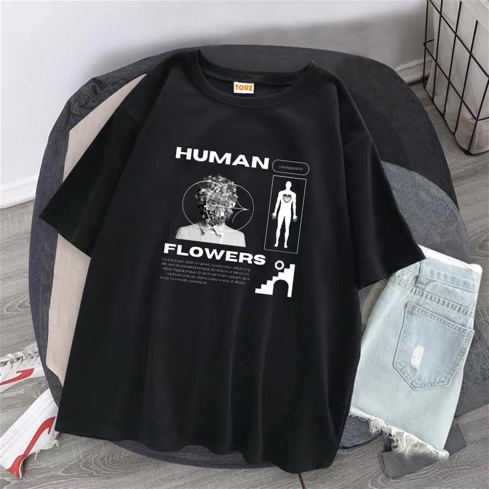 Human Flowers Siyah Unisex Oversize T-shirt