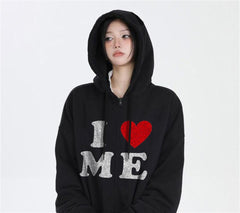 I Love Me Baskılı Oversize Fermuarlı Siyah Unisex Kapüşonlu Hırka