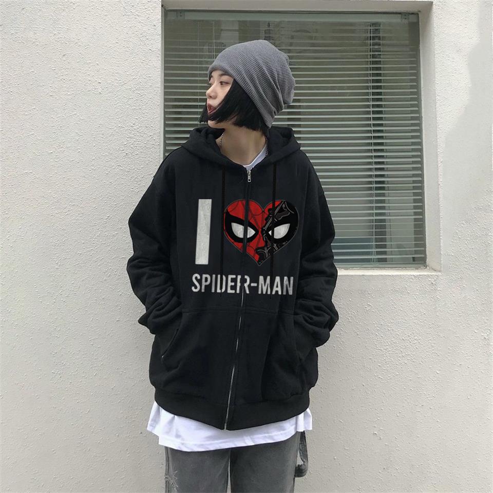 I Love Spider-Man Baskılı Oversize Fermuarlı Siyah Unisex Kapüşonlu Hırka