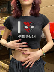 I Love Spider-Man Baskılı Siyah Crop