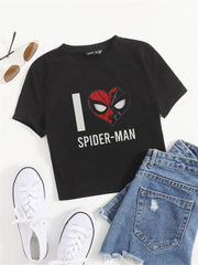 I Love Spider-Man Baskılı Siyah Crop