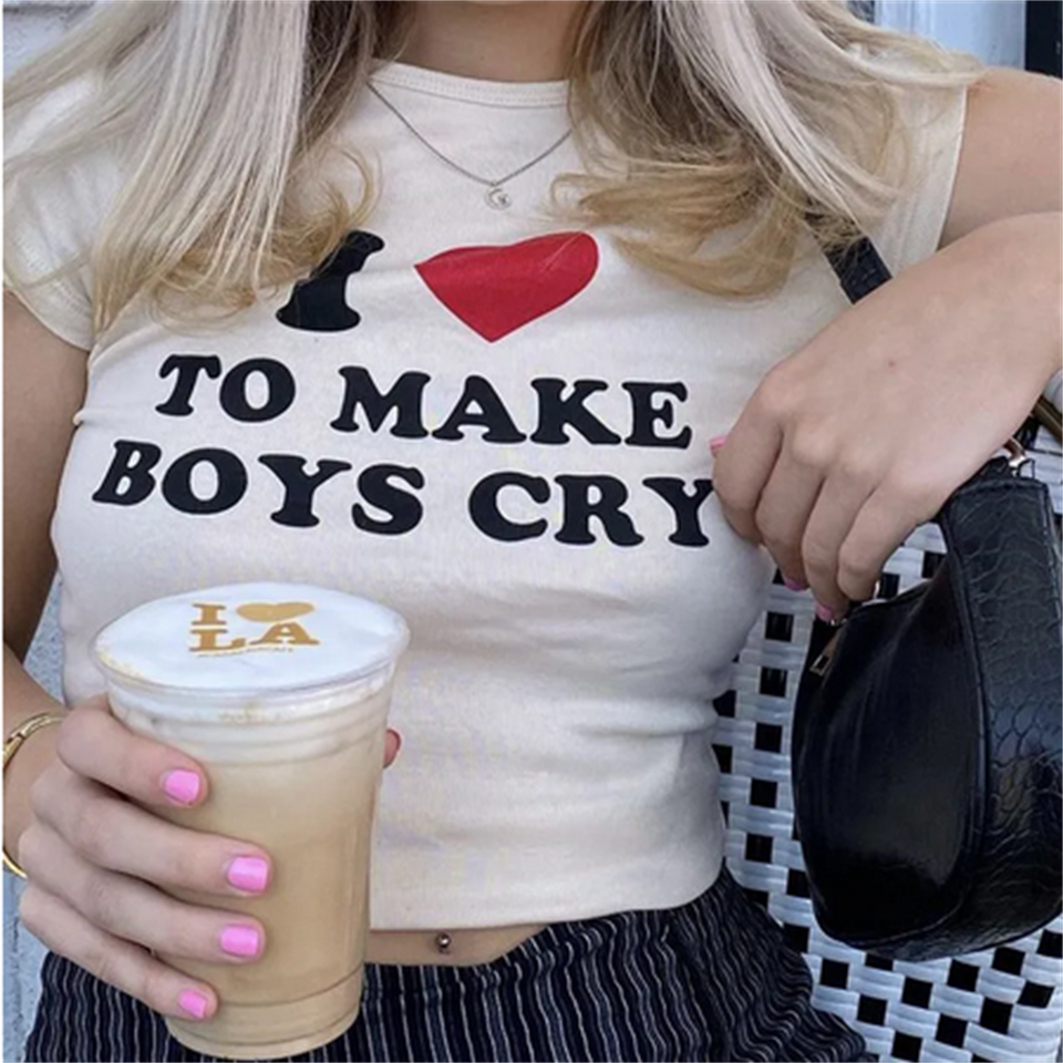 I Love To Make Boys Cry Baskılı Beyaz Crop