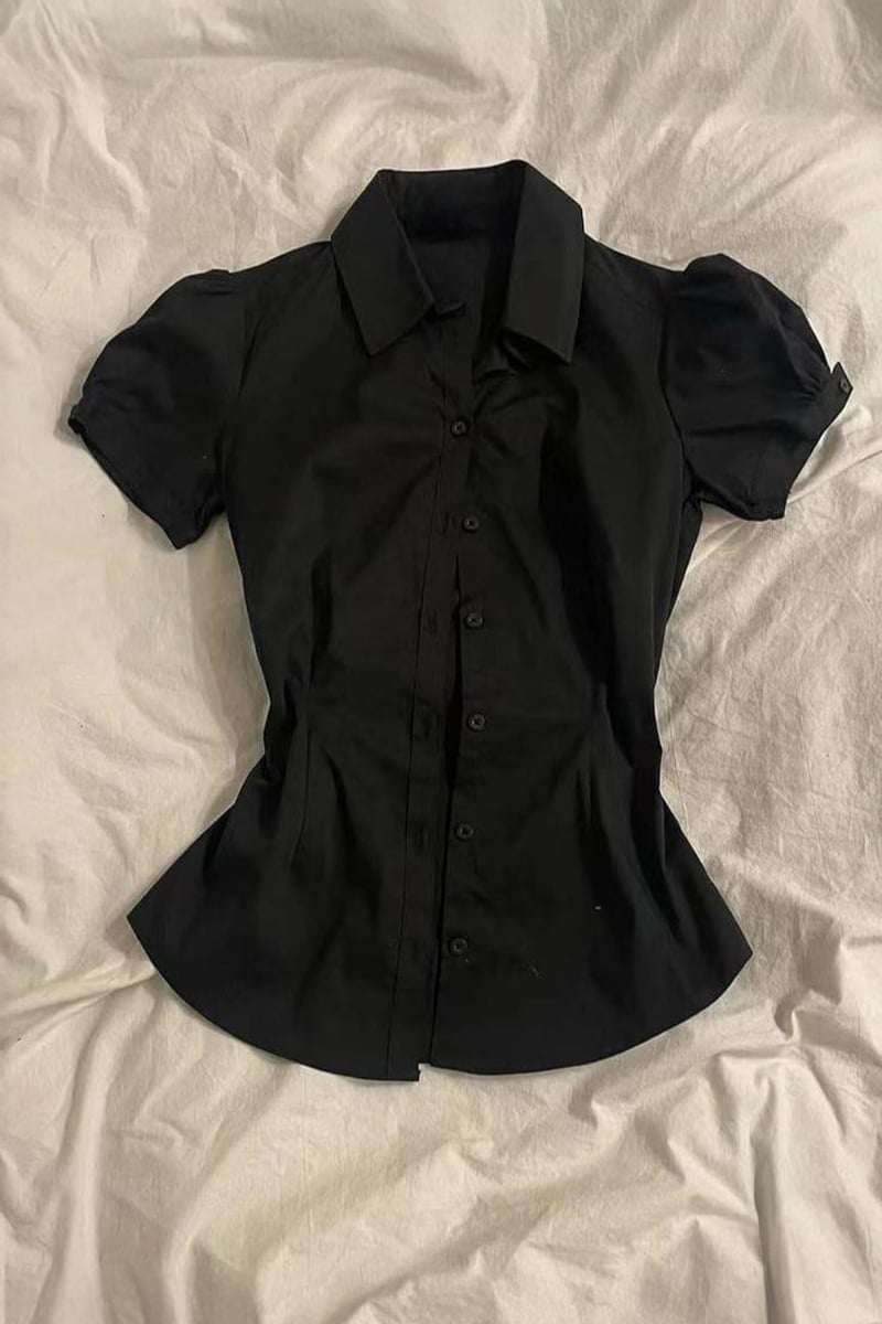 Vintage Mini Puff Sleeve Goth Y2K Kısa Kollu Gömlek
