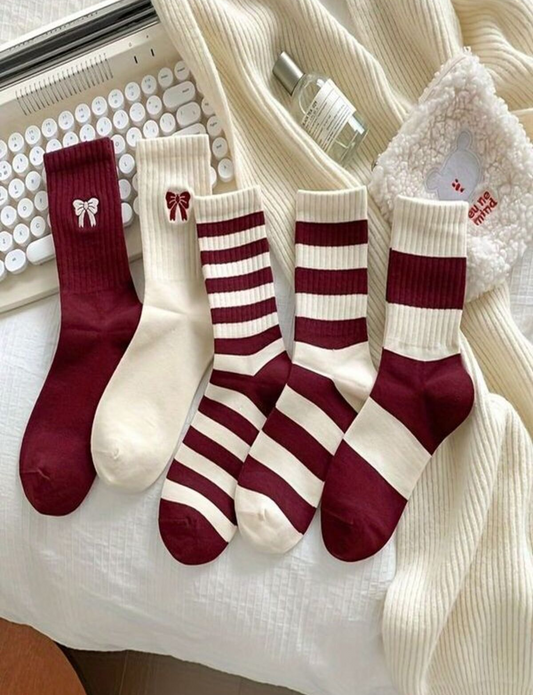 Pinterest Bordo Çizgili Ribbon Desenli Çorap (5 Çift)