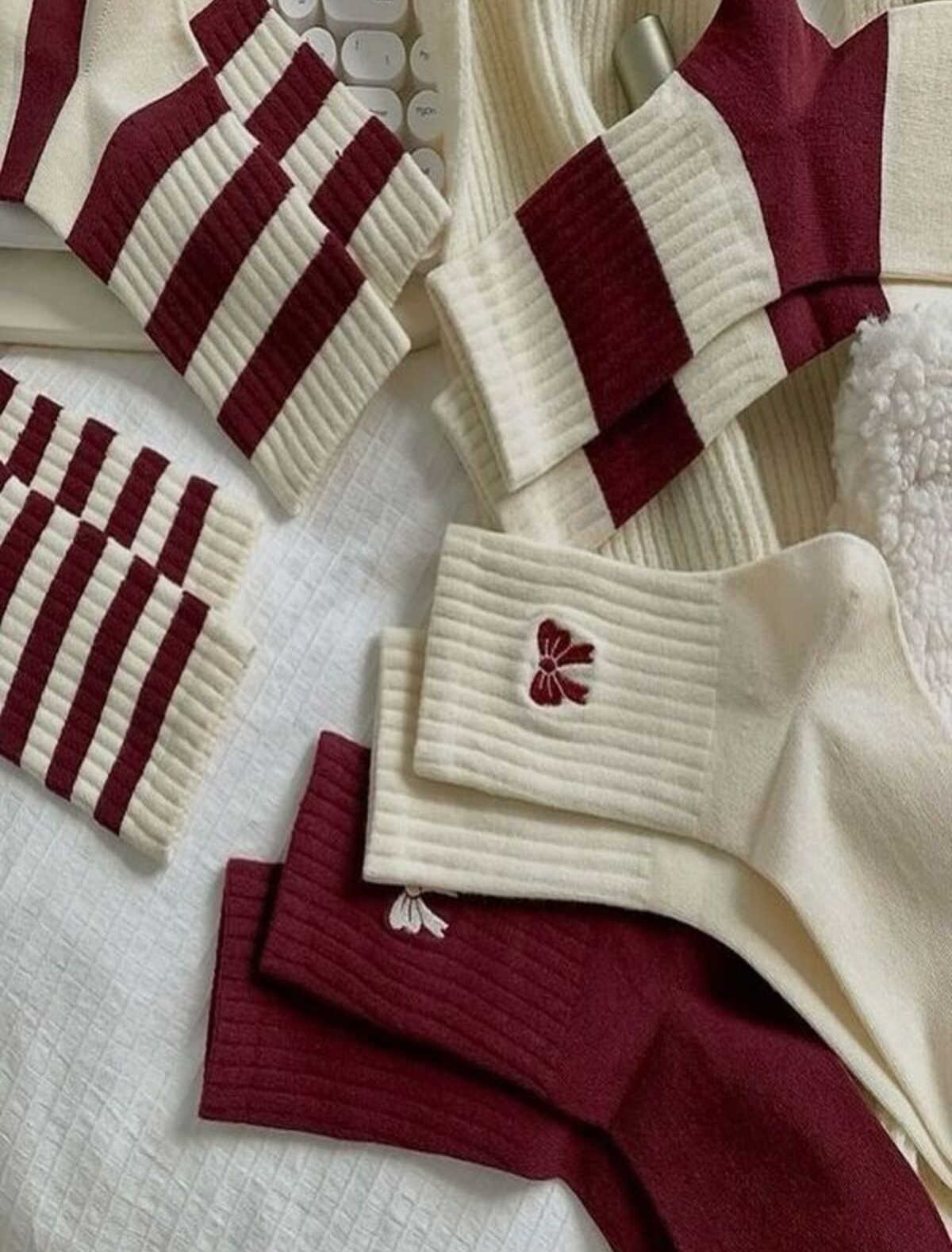 Pinterest Bordo Çizgili Ribbon Desenli Çorap (5 Çift)