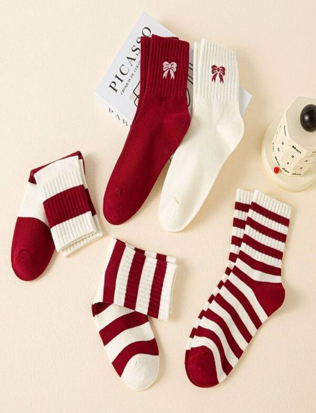 Pinterest Bordo Çizgili Ribbon Desenli Çorap (5 Çift)