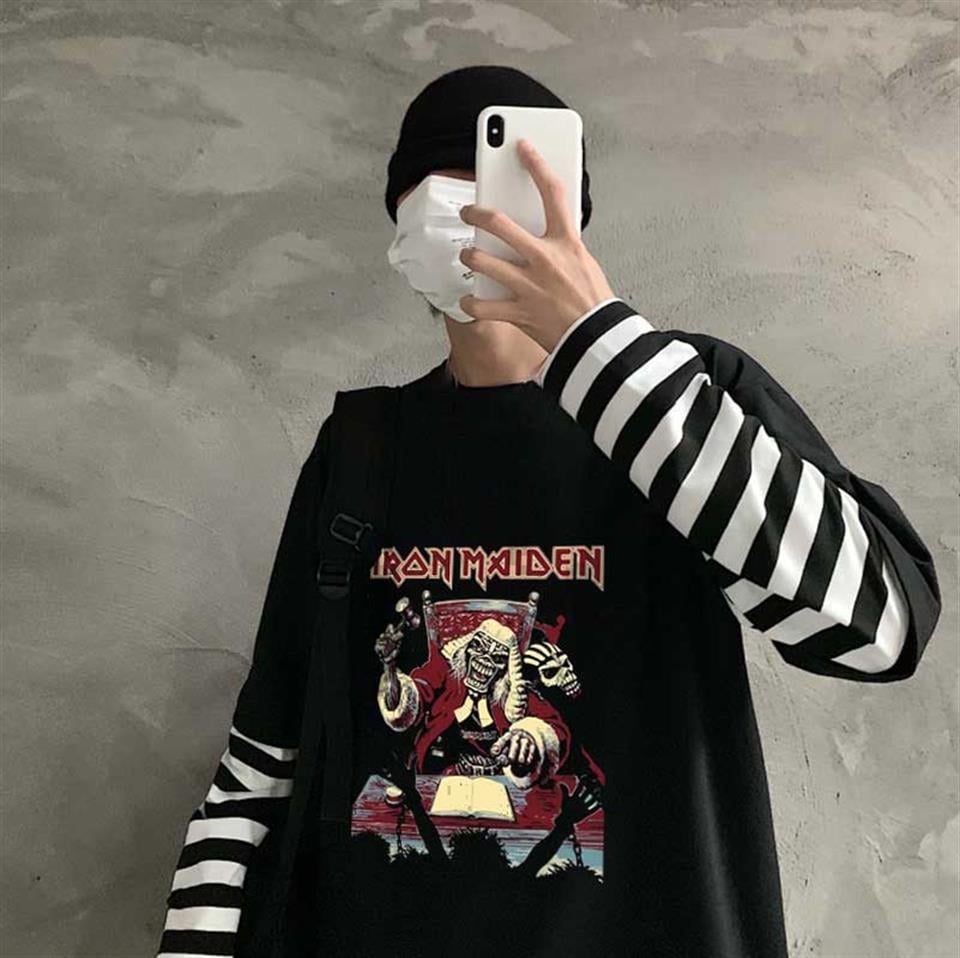 Iron Maiden Skull Baskılı Fake Sleeves Unisex Siyah T-shirt