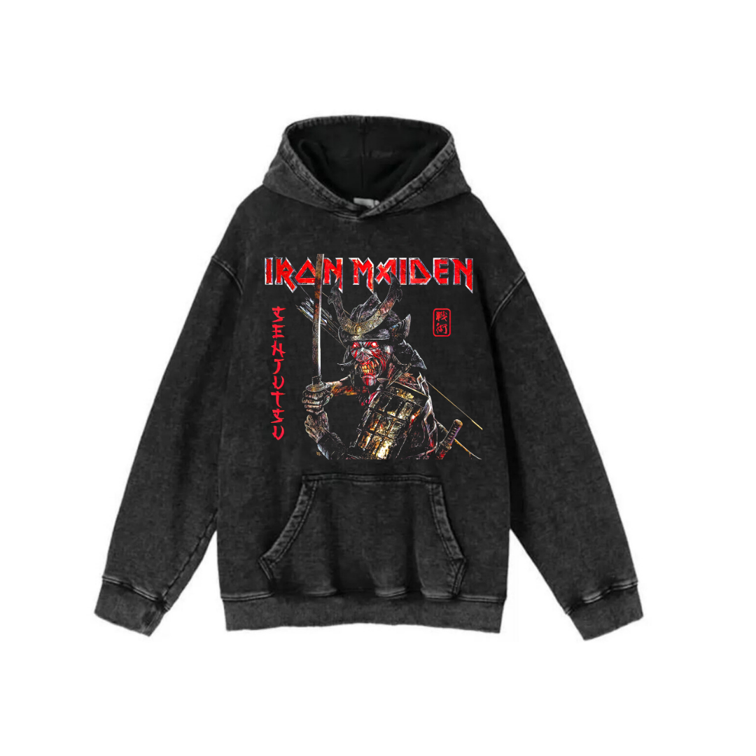 Yıkamalı Kumaş Rock Serisi Iron Maiden Kapüşonlu Hoodie Sweatshirt