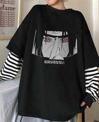 Itachi Red Eyes Baskılı Fake Sleeves Unisex Siyah T-shirt