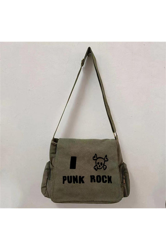 Joon Wear Punk Rock Baskılı Unisex Yeşil Postacı Çantası