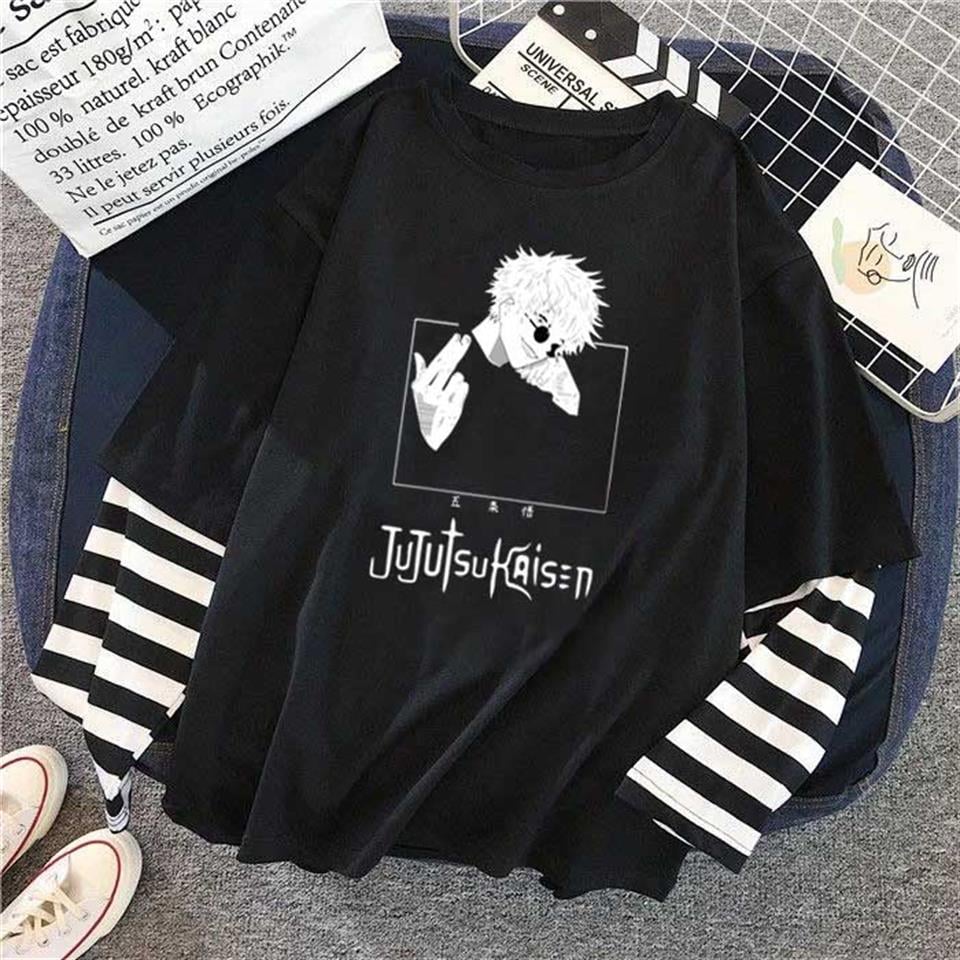 Jujutsu Kaisen Baskılı Fake Sleeves Unisex Siyah T-shirt