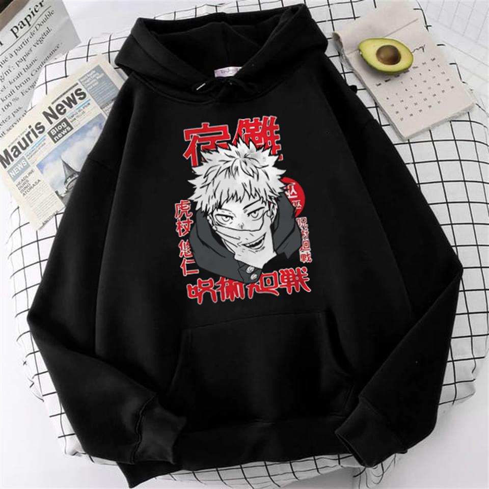 Jujutsu Kaisen Poster Baskılı Siyah Unisex Oversize Kapüşonlu Sweatshirt