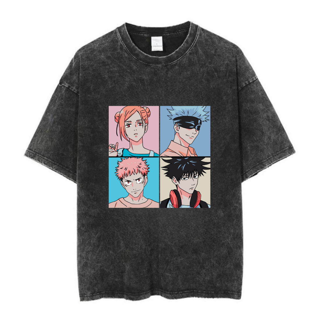 Yıkamalı Anime Jujutsu Kaisen Baskılı Unisex Oversize Vintage T-shirt