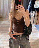 Lace Detail Kahverengi İp Askılı Crop