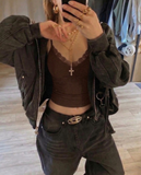 Lace Detail Kahverengi İp Askılı Crop