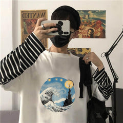 Kanagawa Oki Nami Ura Baskılı Fake Sleeves Unisex Beyaz T-shirt