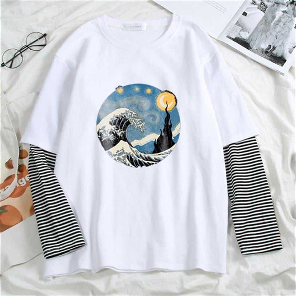 Kanagawa Oki Nami Ura Baskılı Fake Sleeves Unisex Beyaz T-shirt