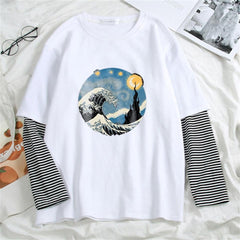 Kanagawa Oki Nami Ura Baskılı Fake Sleeves Unisex Beyaz T-shirt