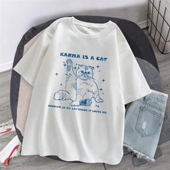 Karma Is A Cat Baskılı Beyaz Unisex Oversize T-shirt