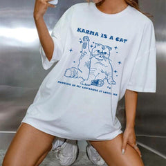 Karma Is A Cat Baskılı Beyaz Unisex Oversize T-shirt