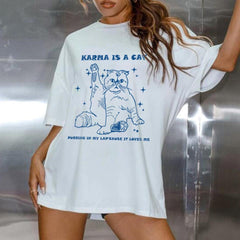 Karma Is A Cat Baskılı Beyaz Unisex Oversize T-shirt