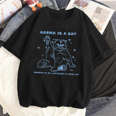 Karma Is A Cat Baskılı Siyah Unisex Oversize T-shirt