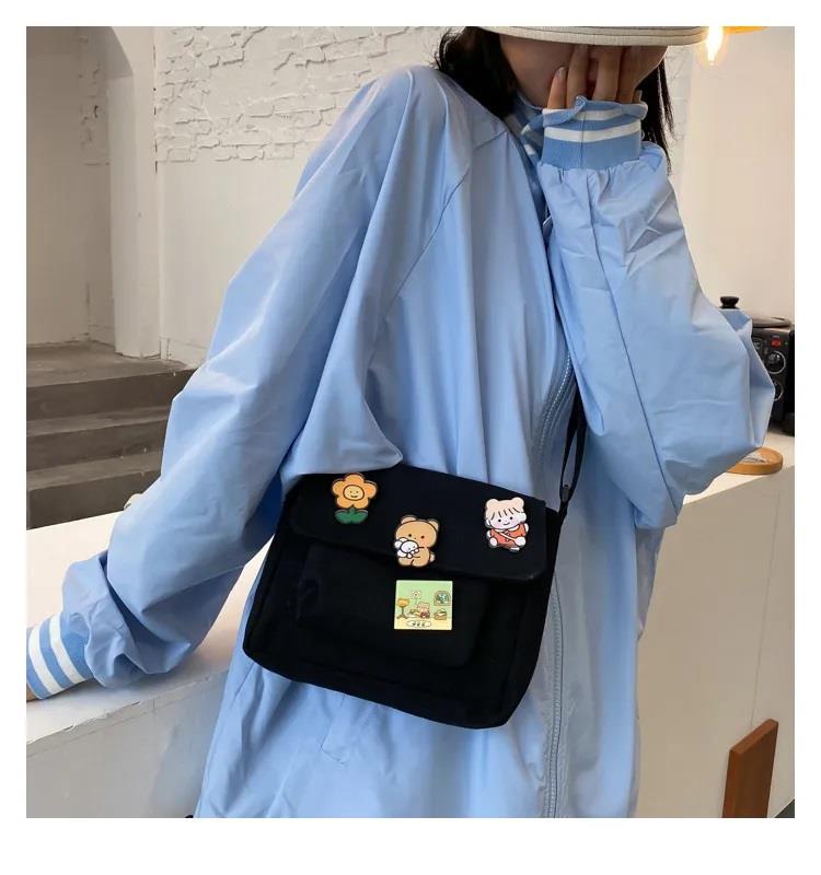 Kawaii Cep Detaylı Unisex Kanvas Siyah Omuz Çantası