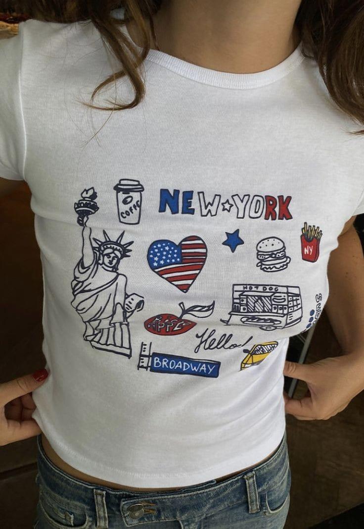 Kemer Boy Newyork Baskılı Crop Bluz