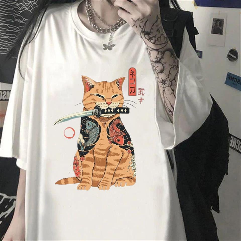 Killer Cat Baskılı Beyaz Unisex Oversize T-shirt