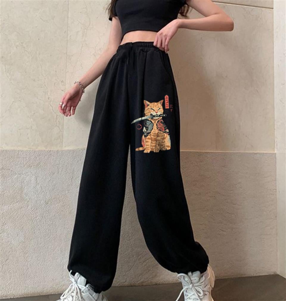 Killer Cat Baskılı Oversize Unisex Siyah Eşofman Altı