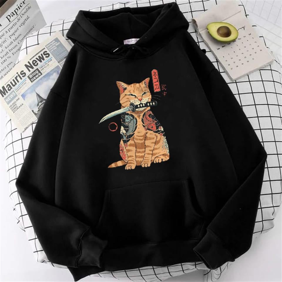 Killer Cat Baskılı Siyah Unisex Oversize Kapüşonlu Sweatshirt