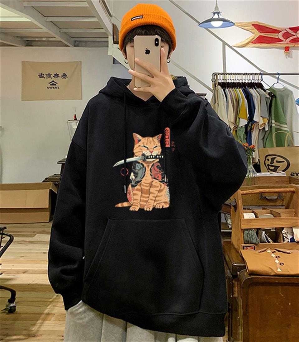 Killer Cat Baskılı Siyah Unisex Oversize Kapüşonlu Sweatshirt